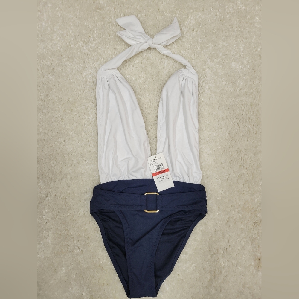 NWT Derek Lam IO Crosby white & navy deep V Maillot with belt, size XS